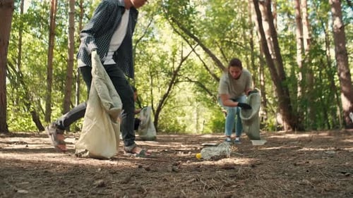 People Picking Up Trash in Forest
