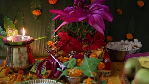 Colorful Diwali Celebration Still Life with Lit Candle