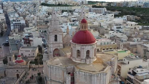 Aerial view of Mellieha Church with red dome, Malta.
