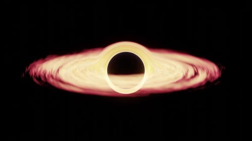 Schwarzes Loch absorbiert roten Stern und leuchtet in einer Schleifenanimation vor schwarzem Hintergrund