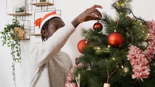 Young Adult Decorates Christmas Tree at Home