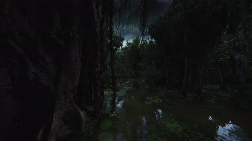 Paysage nocturne tranquille avec des plantes suspendues luxuriantes et des eaux calmes