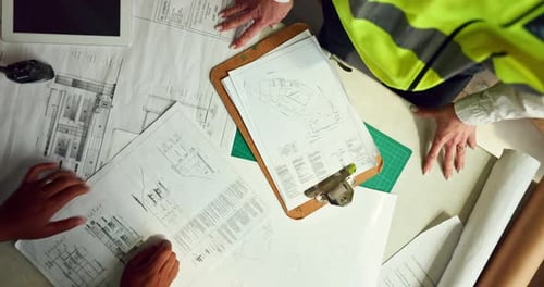 Plan, blueprint and architecture, construction and meeting, architect and construction worker