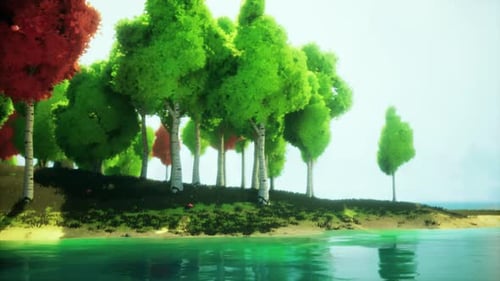 Colorful Cartoon Forest at Sunset