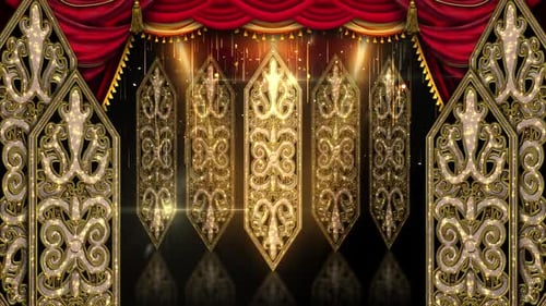 Golden Ornate Stage Background with Red Curtains and Shimmering Lights