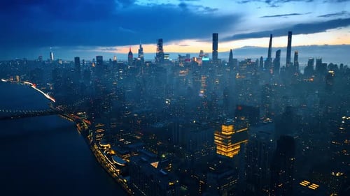New York city flying backwards. Cityscape aerial architecture of american city.