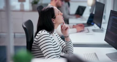 Office, thinking and woman with monitor at desk for information technology, server and solution
