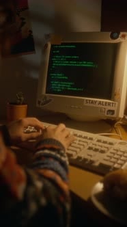 Vertical of Millennial Programmer Typing Code on Retro Computer in ...