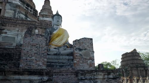 Buddha Statues at Wat Yai Chai Mongkhon Temple Standing on Burned Destroyed Brick Steps Ayutthaya