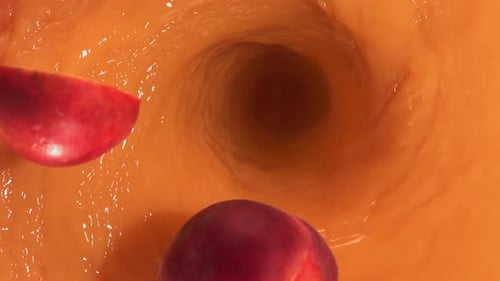 Super Slow Motion Shot of Fresh Peaches Falling Into Juice Whirl