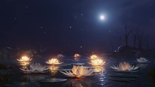 Loop Lotus Flowers on a Magical Night on the Water Against the Backdrop of the Moon