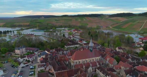Natural Disaster in Burgundy France Water Flooded a City in the Yonne Department Aerial View of the