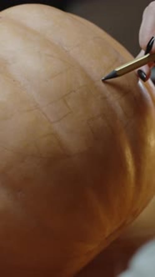 Vertical video. Woman Drawing a Sketch of a Face on the Pumpkin to Then Beautifully Carve a Jack-o'-