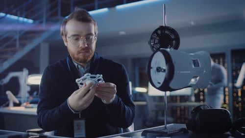 Engineer Inspecting 3D Printed Component in Lab