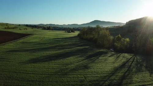 aerial drone view of morning hour over peaceful countryside with green and agricultural fields, sun