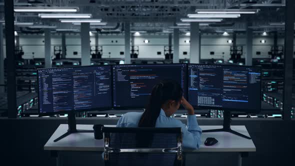Back View Of Asian Woman Developer Having Headache While Write Code In ...