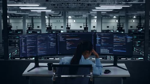 Rückansicht einer asiatischen Entwicklerin, die beim Schreiben von Code im Rechenzentrum Kopfschmerzen hat