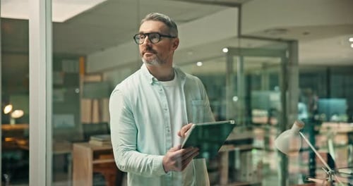 Business, tablet and man in office, thinking and research for article, internet and choice