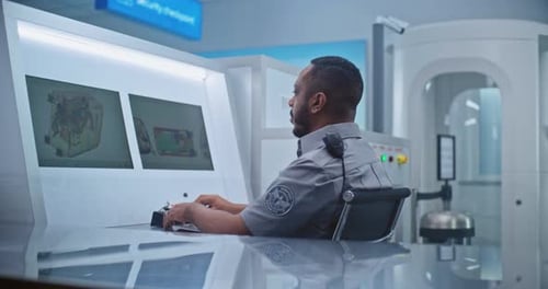 Airport Security Checkpoint Security Officer Monitors Baggage Screening on Computer Screens