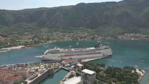 Cruise ship in the Bay of Kotor. Kotor. Old city. Montenegro. Aerial view.