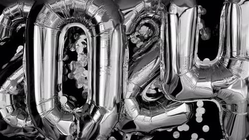 Happy New Year 2024 Metallic Balloons with Confetti Falling on Dark Black Background Greeting Card