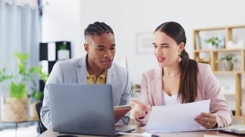 Laptop, planning and business people with documents in office for creative, meeting and review