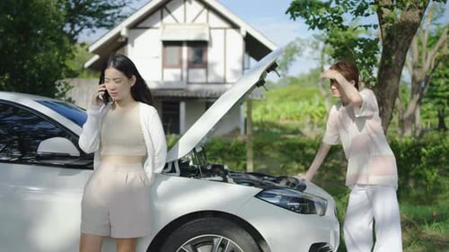 Young asian woman arguing on the cell phone with car insurance service. Upset couple in road trip