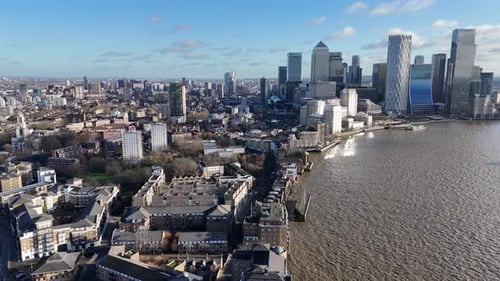 Panoramic Aerial View of Canary Wharf Skyline and River Thames