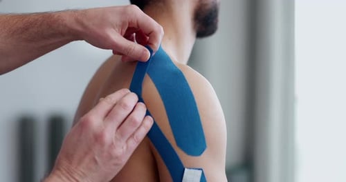 Physiotherapy, shoulder bandage and man hands with patient and sport massage therapist at clinic