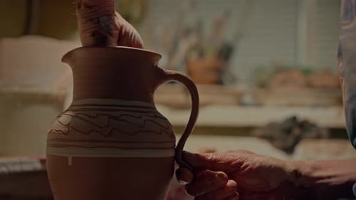 Potier posant une poignée sur une carafe, céramiste professionnel, attachant une poignée à une tasse, gros plan, humain