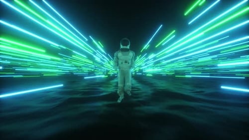 Runing Astronaut And Landscape And Neon Strings Background Loop