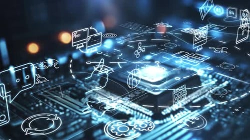 Digitale Transformation zeigt Softwareentwicklung und Computernetzwerk