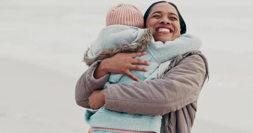 Beach, hug and mother with girl, love and happiness with nature and vacation with adventure