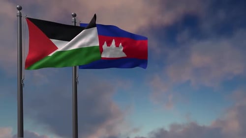 Waving Flags of Palestine and Cambodia Against Cloudy Sky