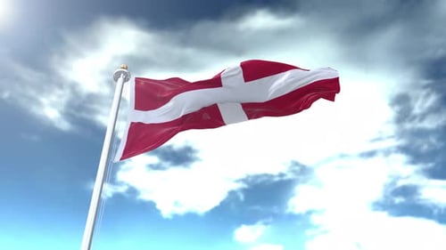 Realistic Danish Flag Waving in Wind with Blue Sky Background