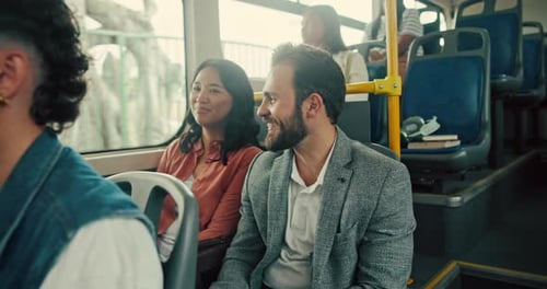 Bus, travel and people with commute, morning and public transportation with traffic