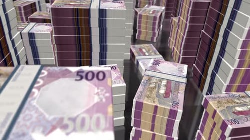 3d flight over the Qatar Riyal money banknote packs loop