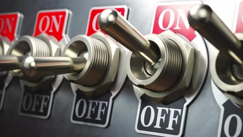 Animación 3D del concepto de inicio o final del panel de control analógico Vintage, encendido y apagado