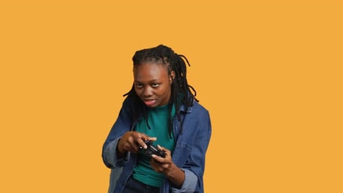 Girl with Disappointed Look on Face After Losing Videogame Studio Background