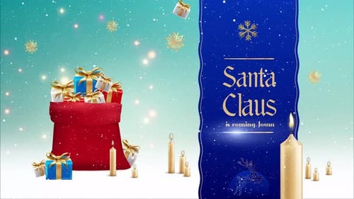 Festive Christmas Celebration Animation with Santa's Gift Bag and Candles