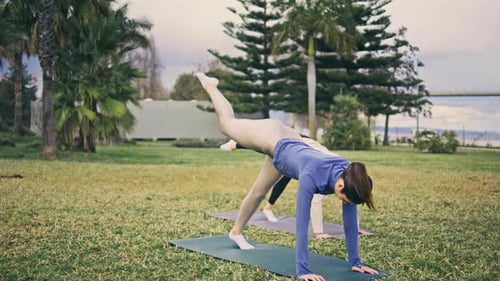 Athletic Team Fitness Workout at Park Yogini Stretching Body Raising Up One Leg