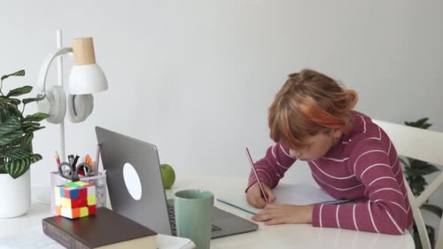 Primary Middle School Redhead Caucasian Student Child Girl Study Use Laptop Distance Learning Online