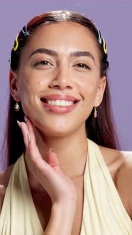 Face, skincare and happy woman in studio for glow, natural dermatology or cosmetology