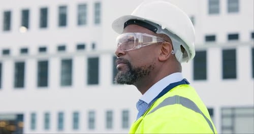 Thinking, construction worker and a black man in the city for building of infrastructure