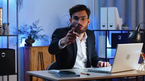 Business Man Working on Office Laptop Pointing to Camera Looking with Happy Expression Making Choice