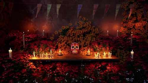 Día de los Muertos Altar Background with Lit Candles and Sugar Skull