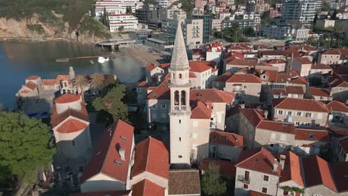 The old town of Budva shot from a drone. The best sights of Montenegro. Budva Old Town.