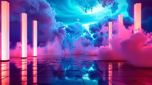 Neon-lit futuristic space, vibrant clouds