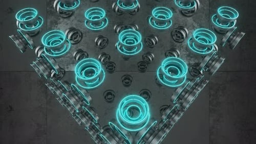 Camera movement in the corridor of luminous concrete rings moving to the beat of the music. Animatio