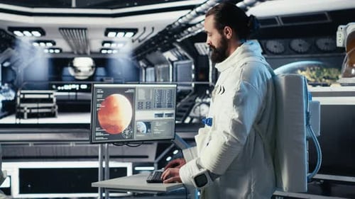 Astronaut Looking at Planet Visualization Before Stepping Out of Space Station